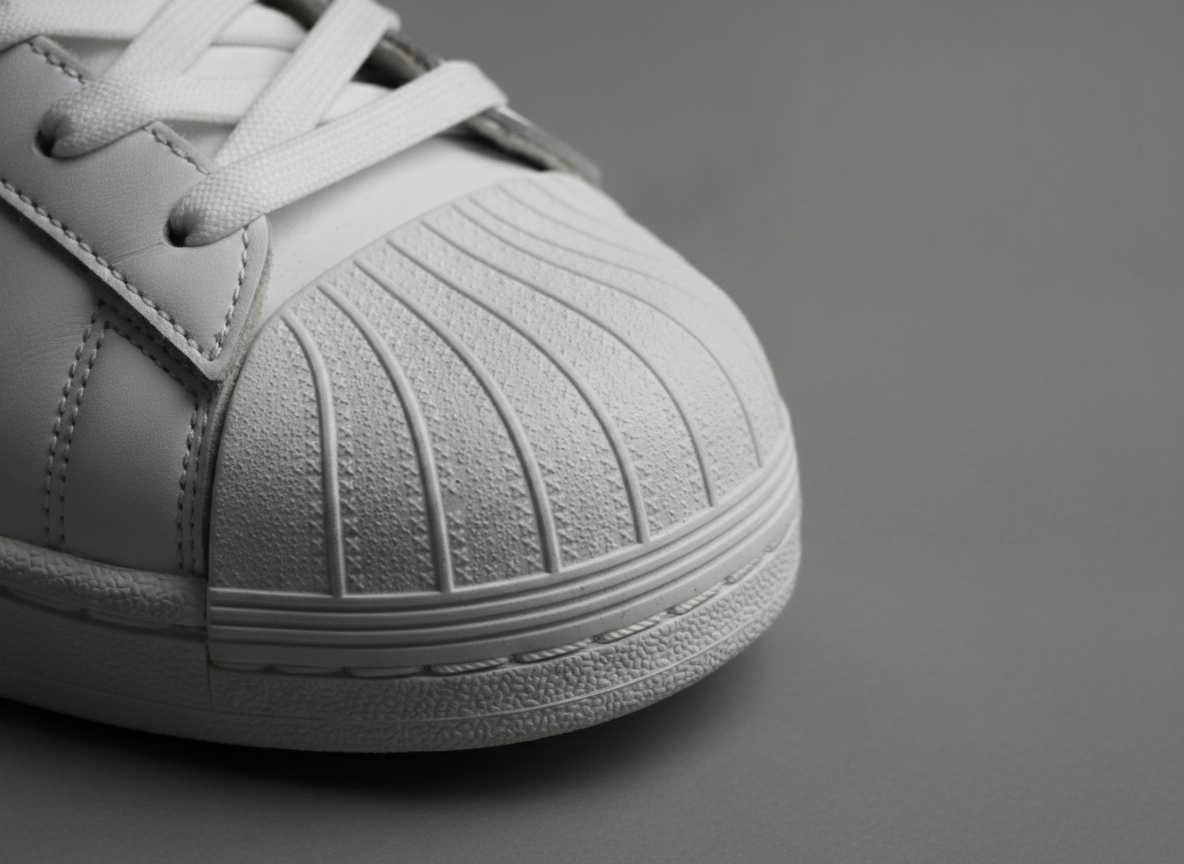 Gros plan sur le shell toe caractéristique de la Adidas Superstar, détail cuir blanc et caoutchouc
