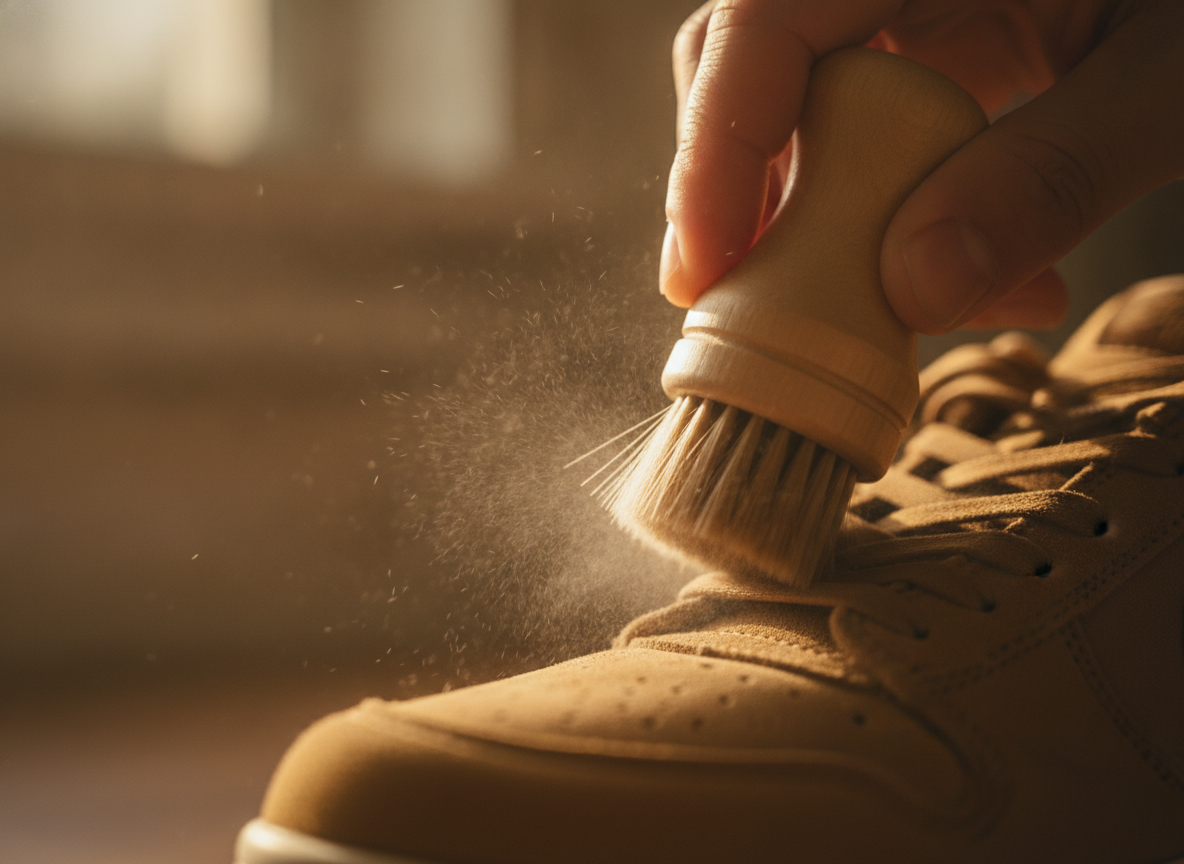 Main brossant délicatement le dessus en daim d'une sneaker avec une brosse spécialisée