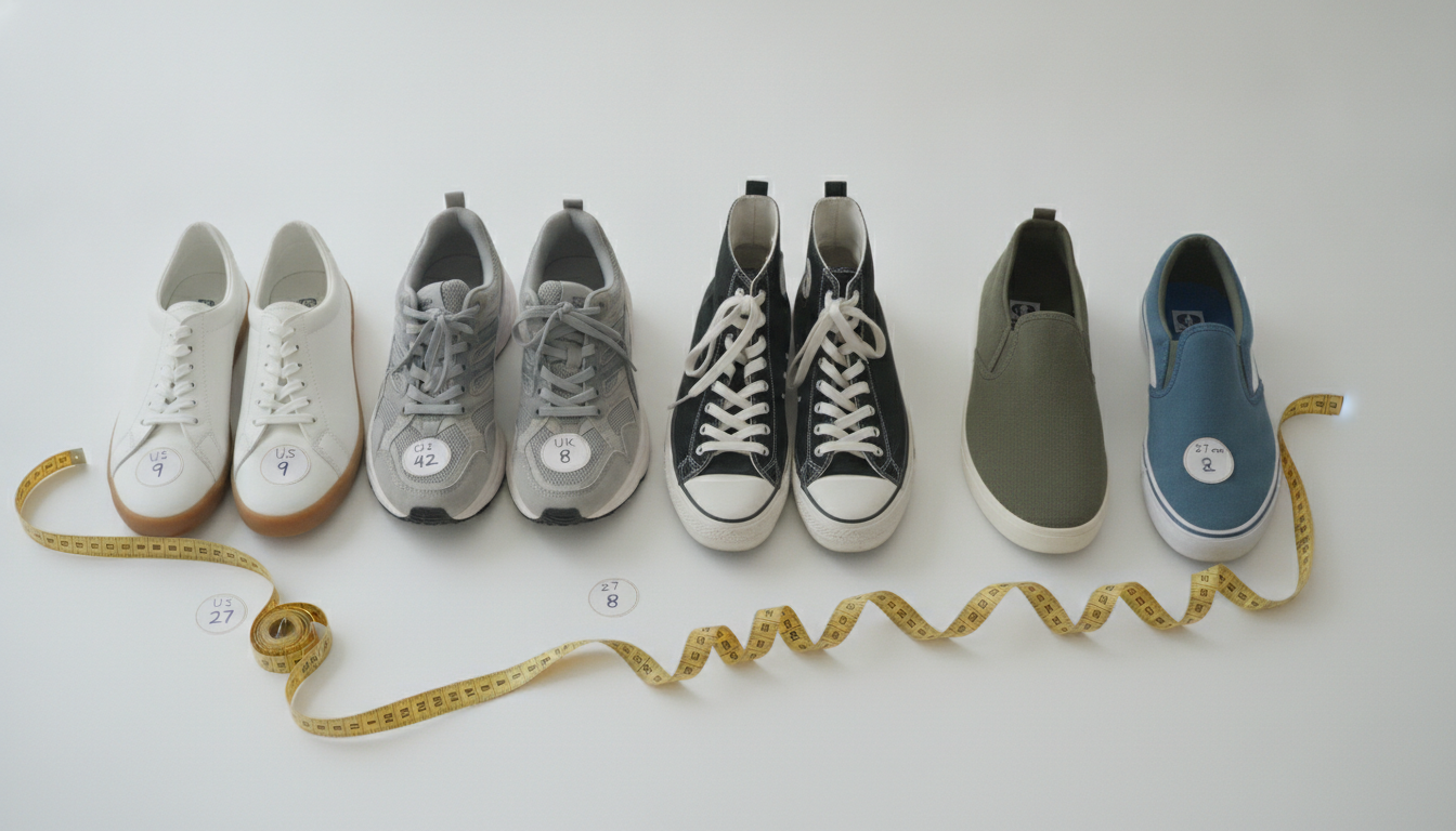 Comparaison de plusieurs paires de sneakers posées côte à côte pour illustrer les différences de taille entre marques