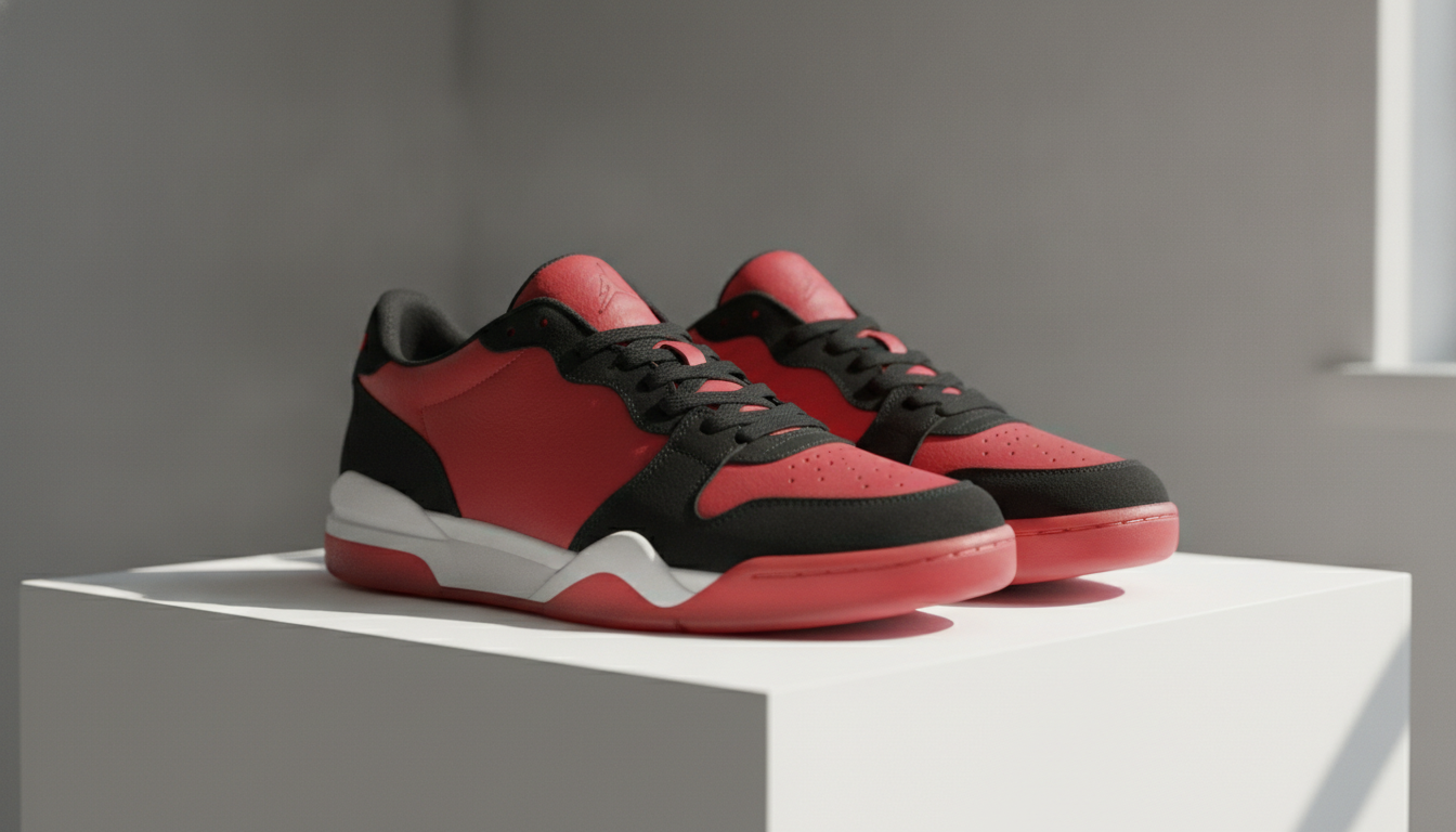 Paire de sneakers Jordan 1 Low coloris classique rouge et noir sur fond blanc épuré