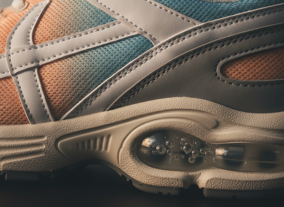 Détail des empiècements superposés et de la bulle Air de la Nike Air Max 95, vue macro de profil