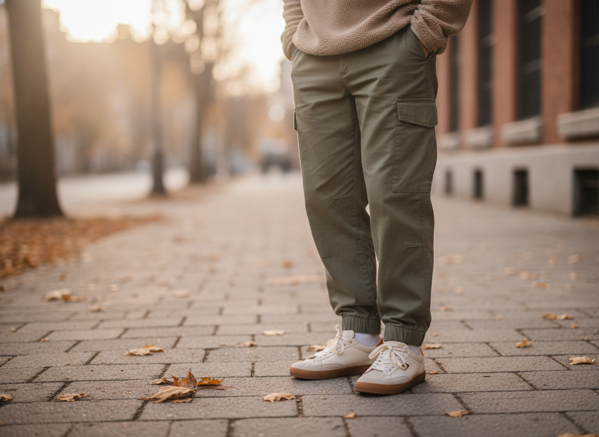 Détail Dunk Low suède portée avec cargo olive et polaire beige en look casual automne urbain