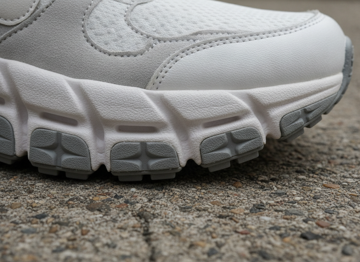 Détail semelle intercalaire épaisse d'une New Balance 9060, amorti SL-2 et semelle caoutchouc segmentée