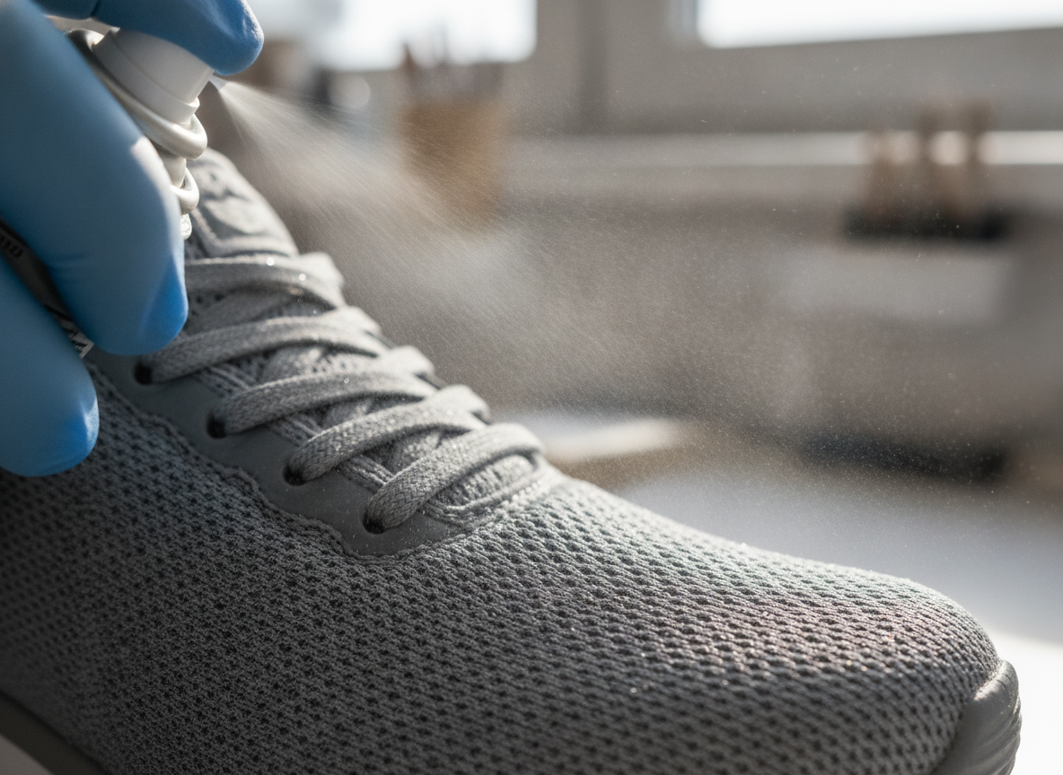 Application en gros plan d'un spray imperméabilisant sur la tige en mesh d'une sneaker