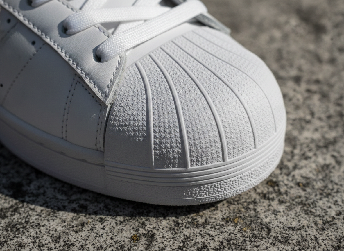 Gros plan sur le shell toe d'une Adidas Superstar authentique, détail des crêtes en caoutchouc