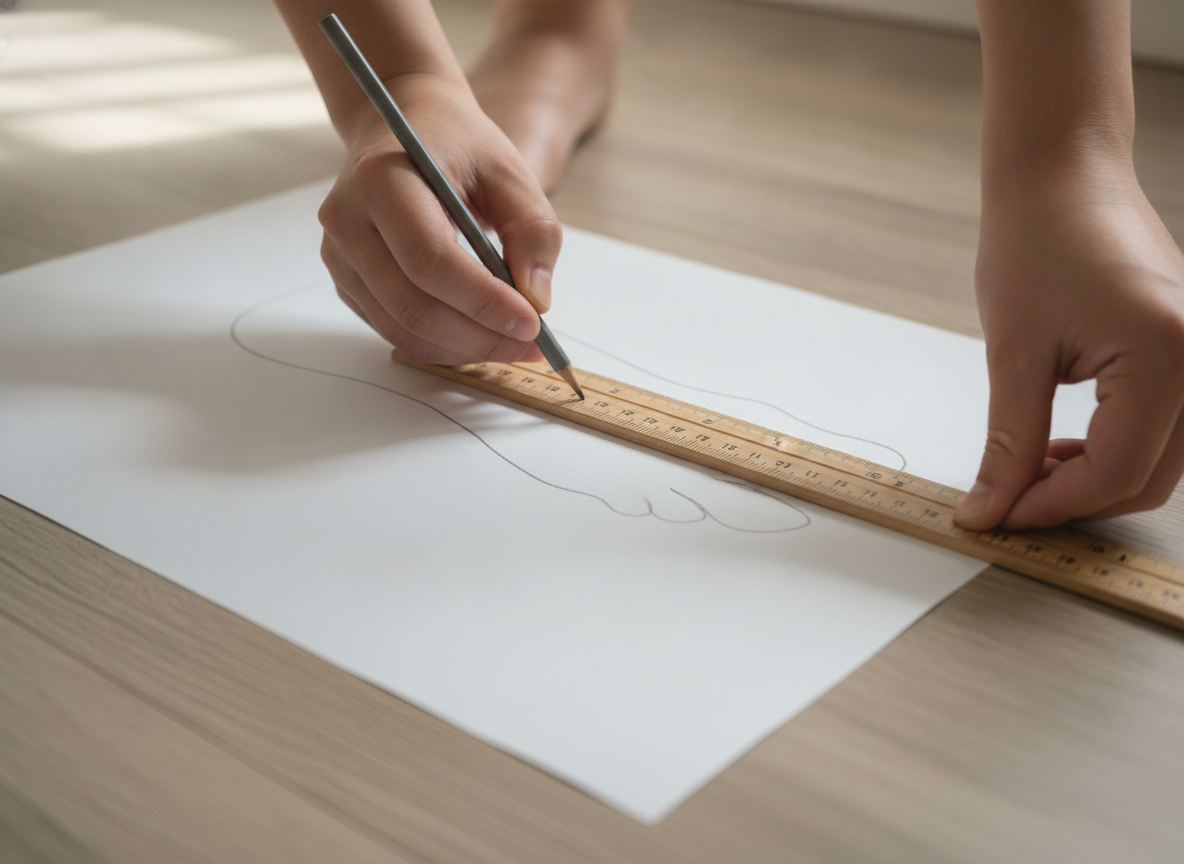 Mesure du contour de pied sur papier avec règle pour trouver sa taille de sneaker Nike