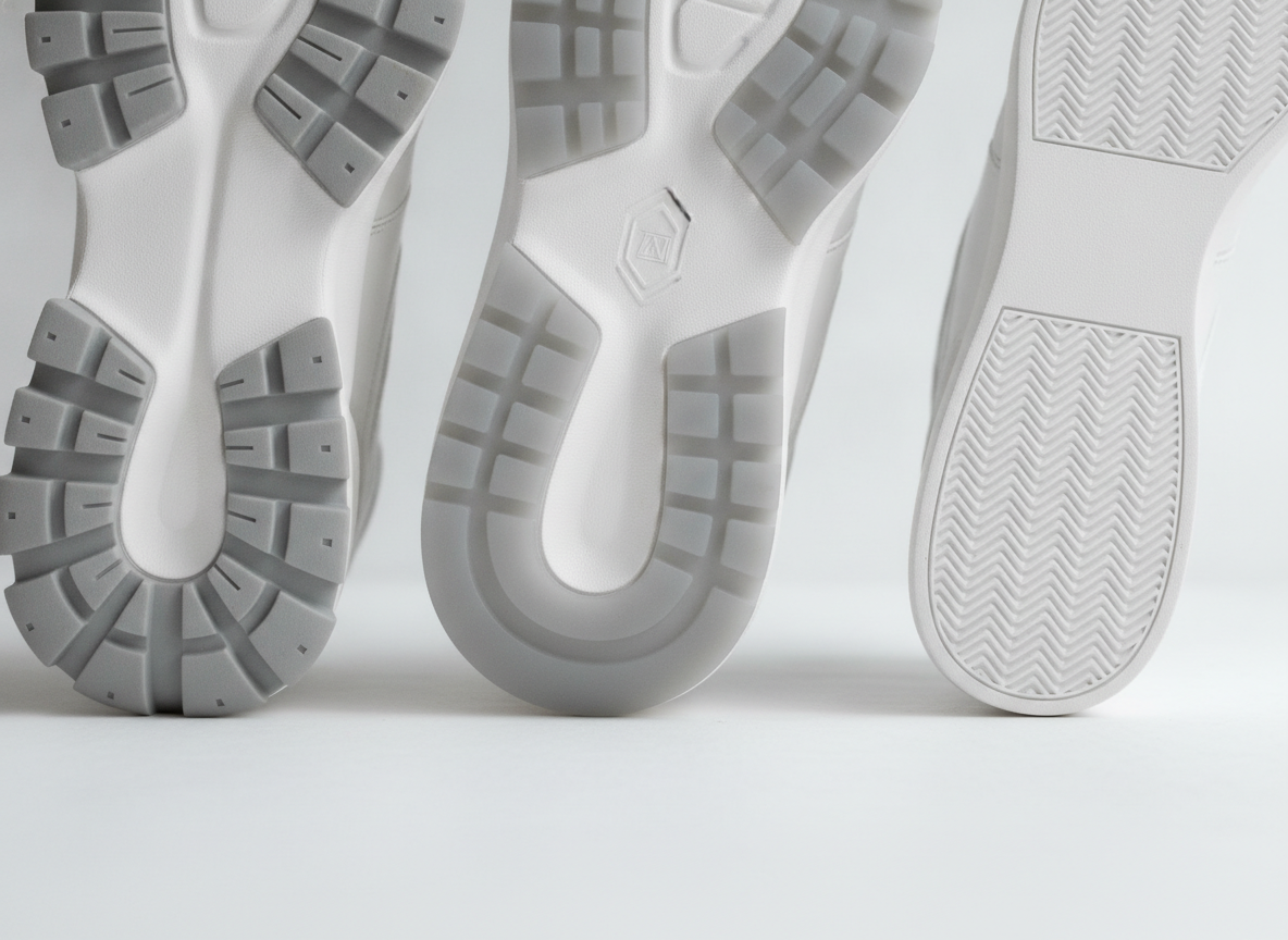Détail des semelles de trois sneakers lifestyle montrant l'épaisseur et la technologie d'amorti comparées