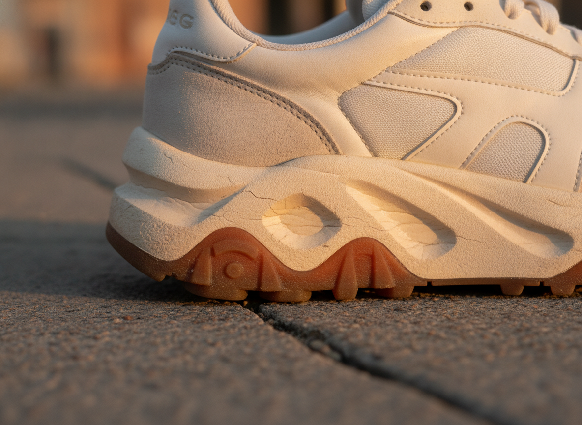 Détail de la semelle ondulée et de l'intercalaire mousse épaisse d'une Nike Cortez vintage, béton urbain