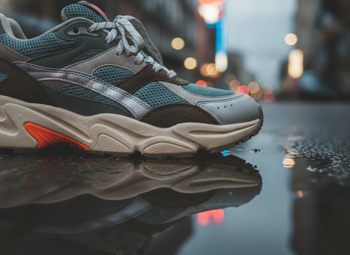 Détail de la semelle épaisse et de la tige mesh d'une sneaker chunky runner sur pavés urbains