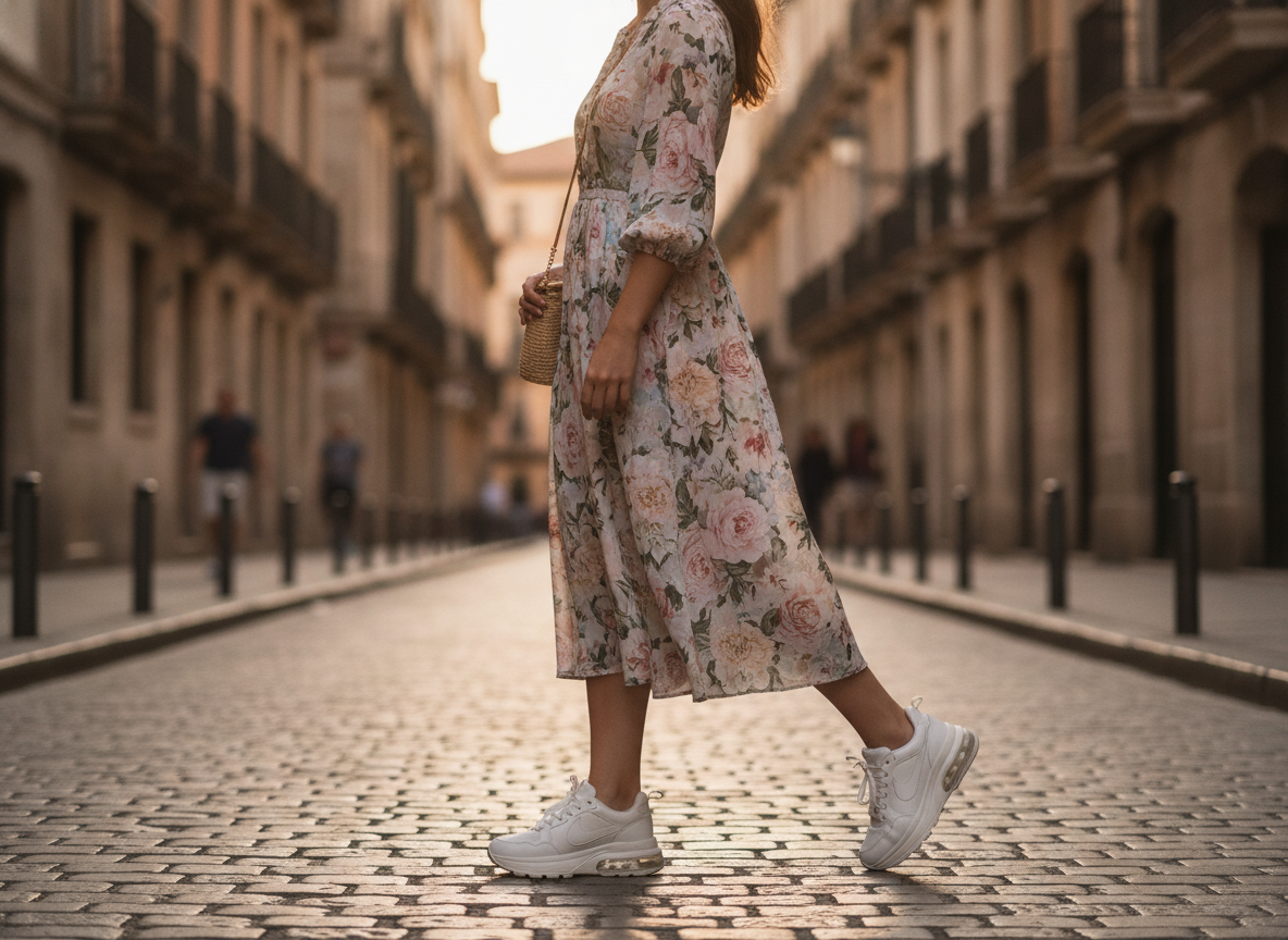Femme portant une robe midi fleurie avec des sneakers chunky style Air Max en ville