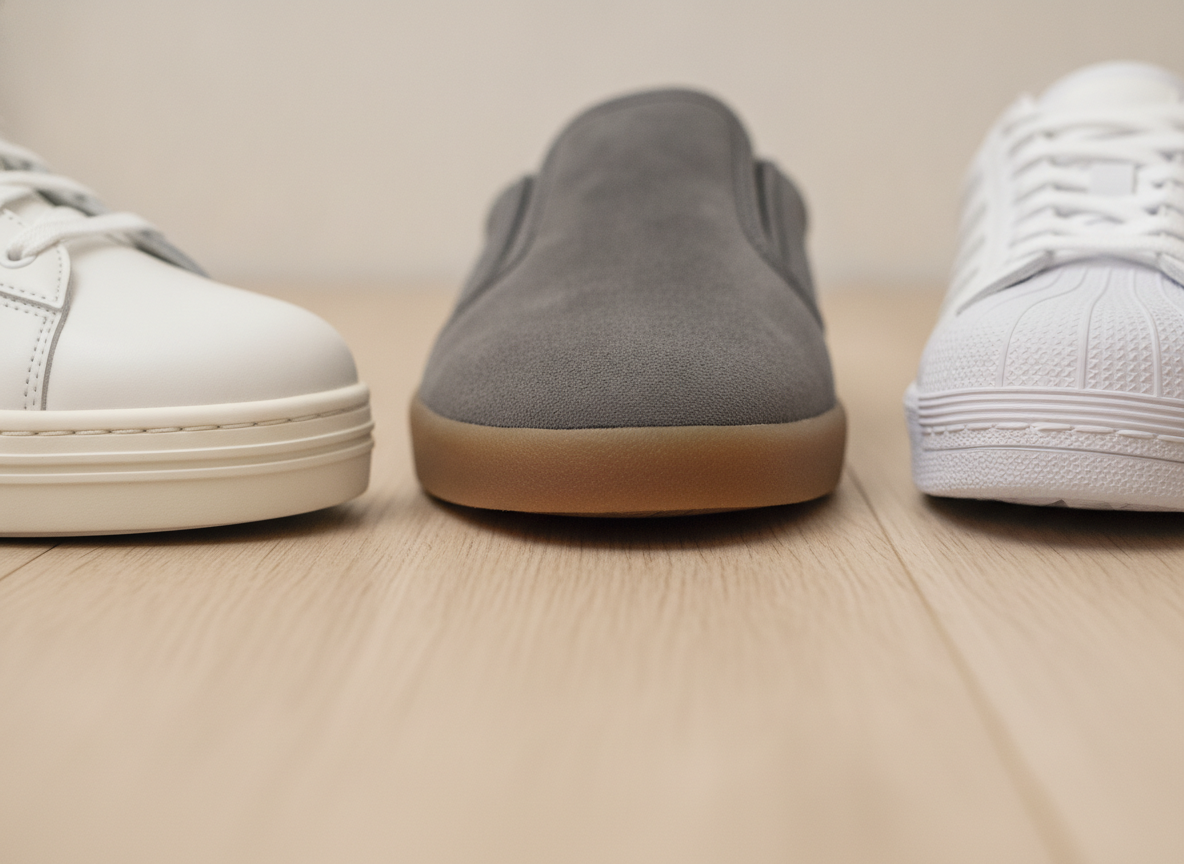 Détail des embouts et semelles de trois sneakers lifestyle — cuir lisse, daim et shell toe caoutchouc comparés