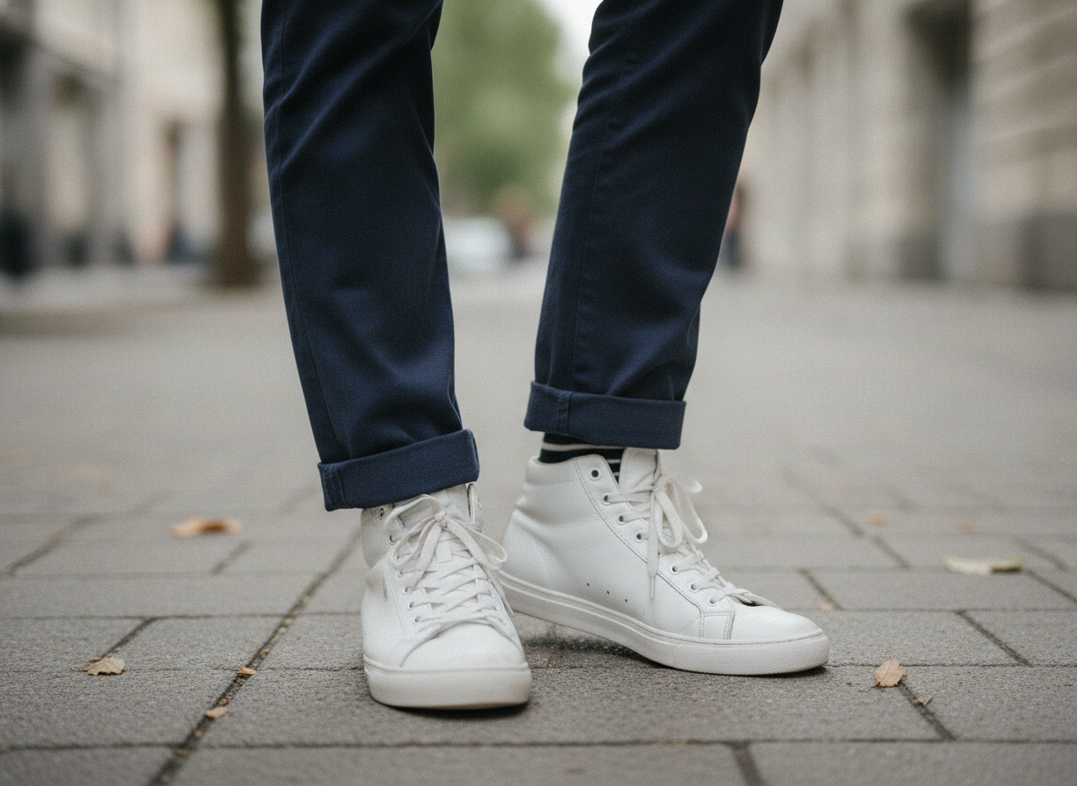 Détail de la tige mid d'une sneaker blanche portée avec un chino navy retroussé à la cheville, look smart casual
